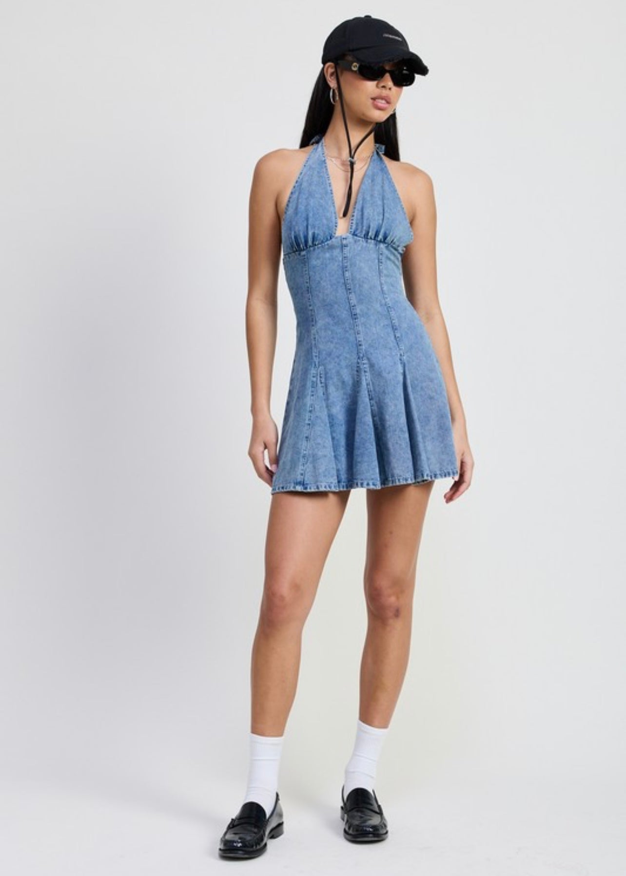 DENIM HALTER MINI DRESS