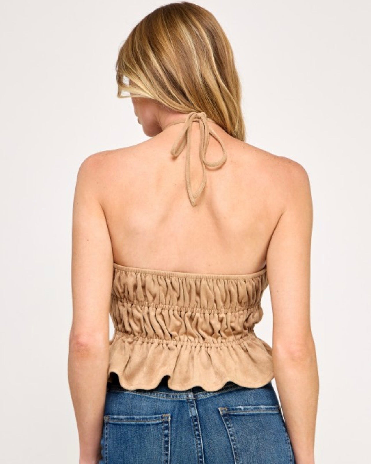 SUEDE RUCHED HALTER NECK CROP TOP