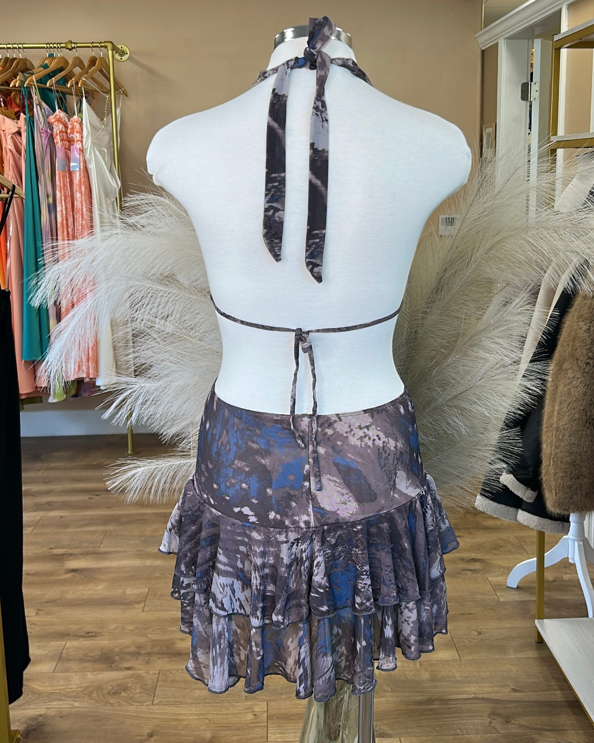 Halter tie ruffle mini dress
