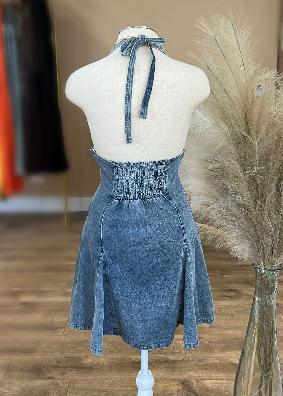 DENIM HALTER MINI DRESS