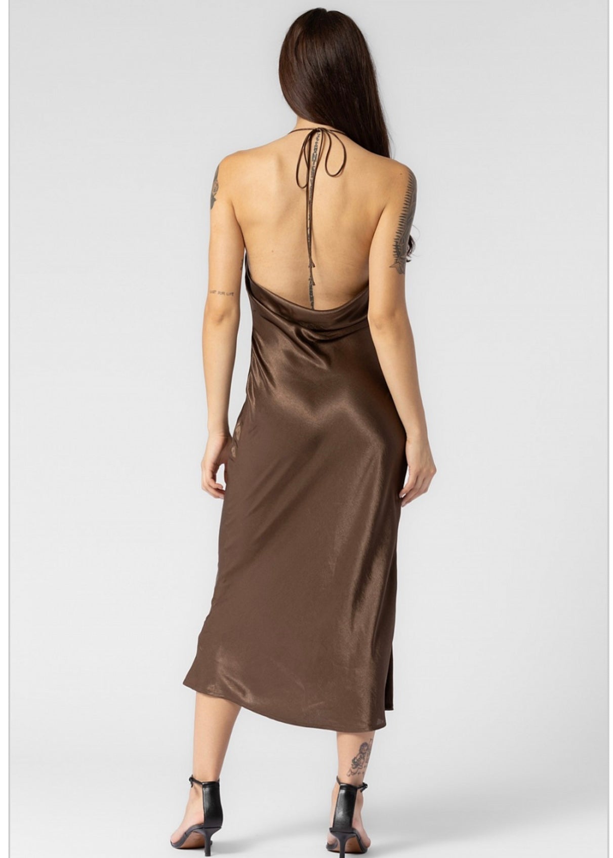 SATIN HALTER BACKLESS MAXI DRESS