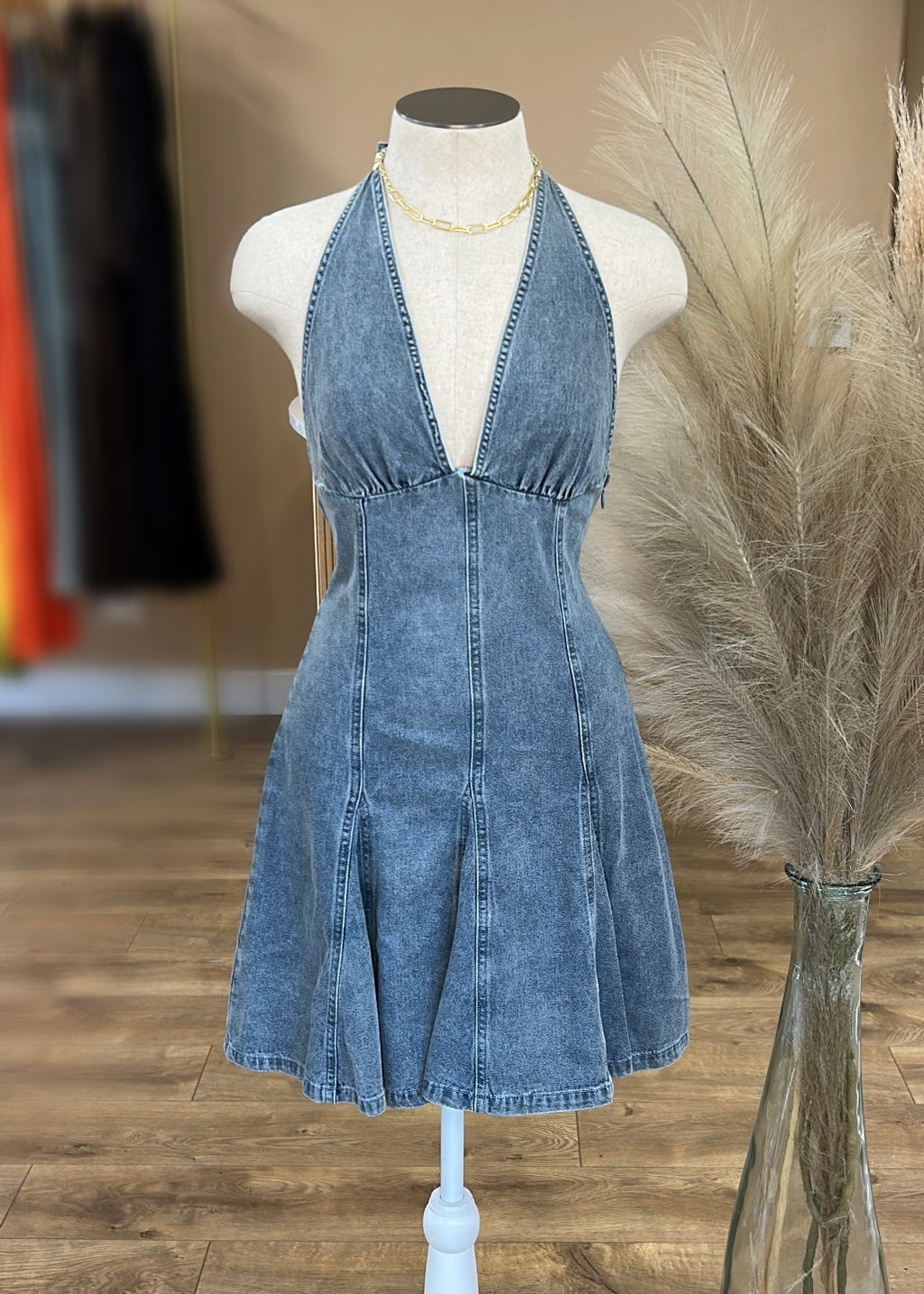 DENIM HALTER MINI DRESS