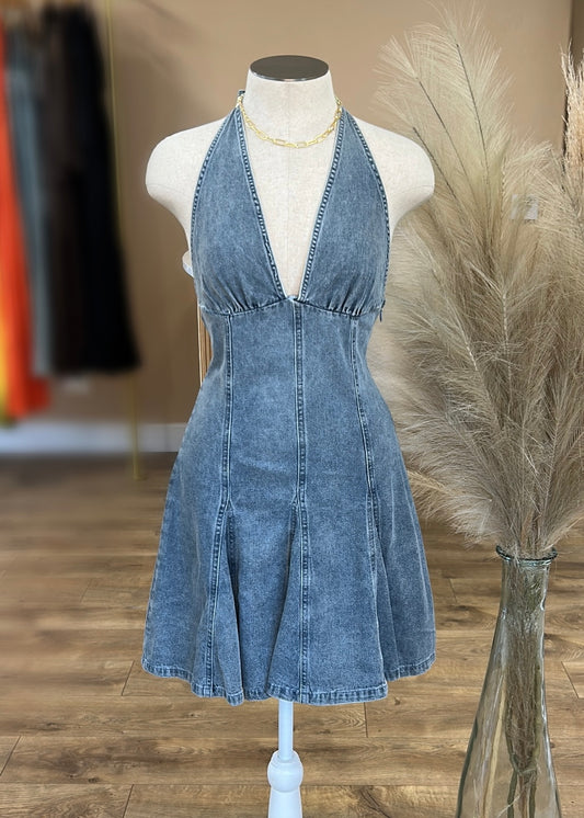 DENIM HALTER MINI DRESS