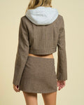 CHECKED PATTERN CROPPED BLAZER WITH HOODIE