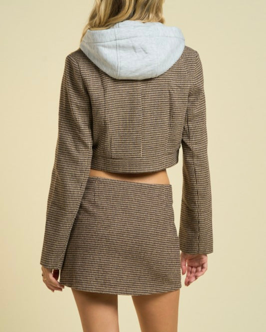 CHECKED PATTERN CROPPED BLAZER WITH HOODIE