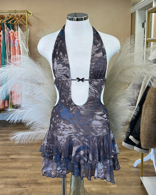 Halter tie ruffle mini dress