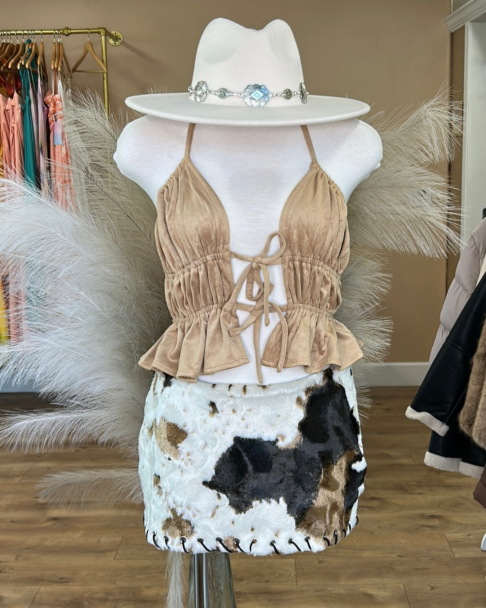 MINI SKIRT COWHIDE PRINT WHIP STITCH