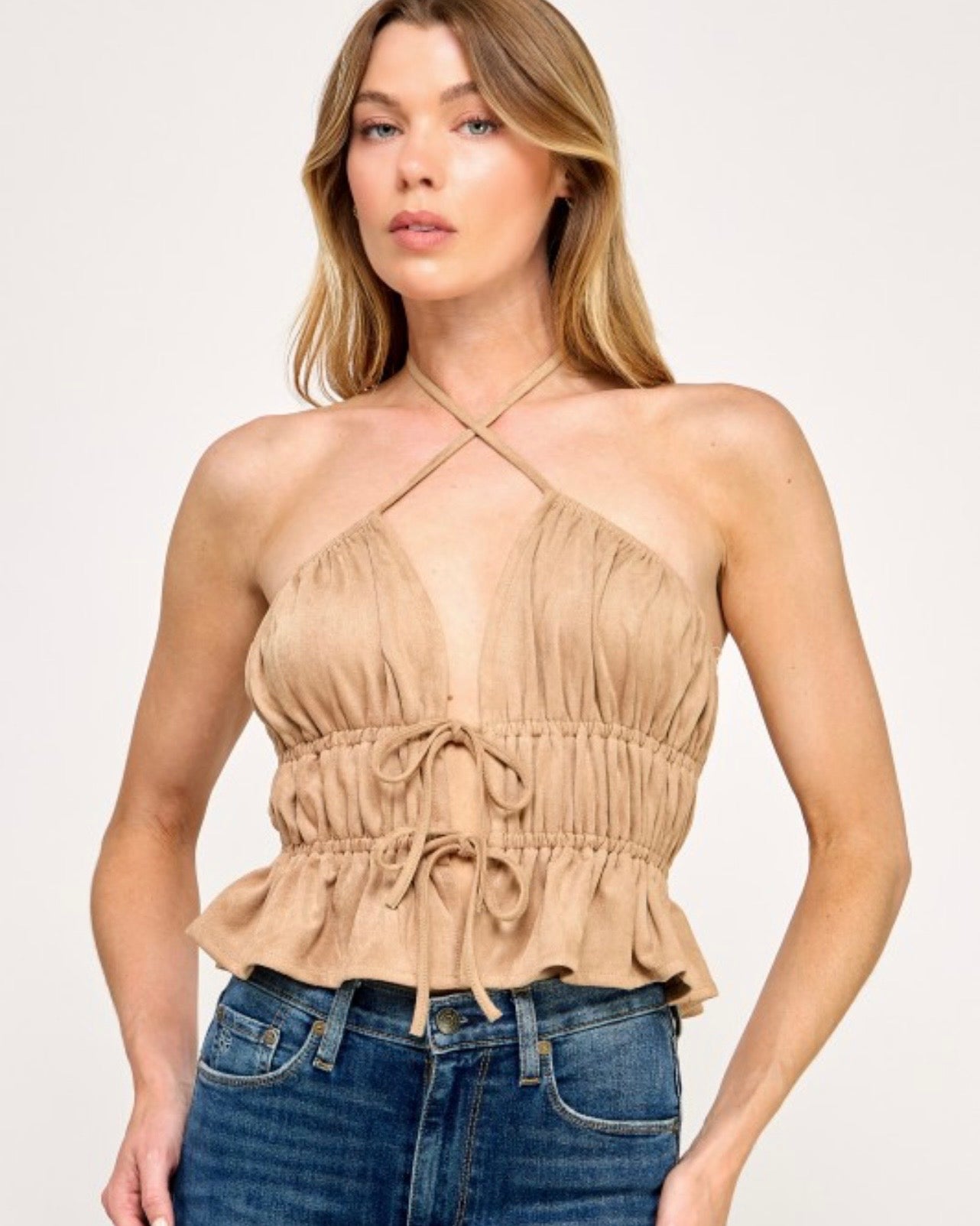 SUEDE RUCHED HALTER NECK CROP TOP