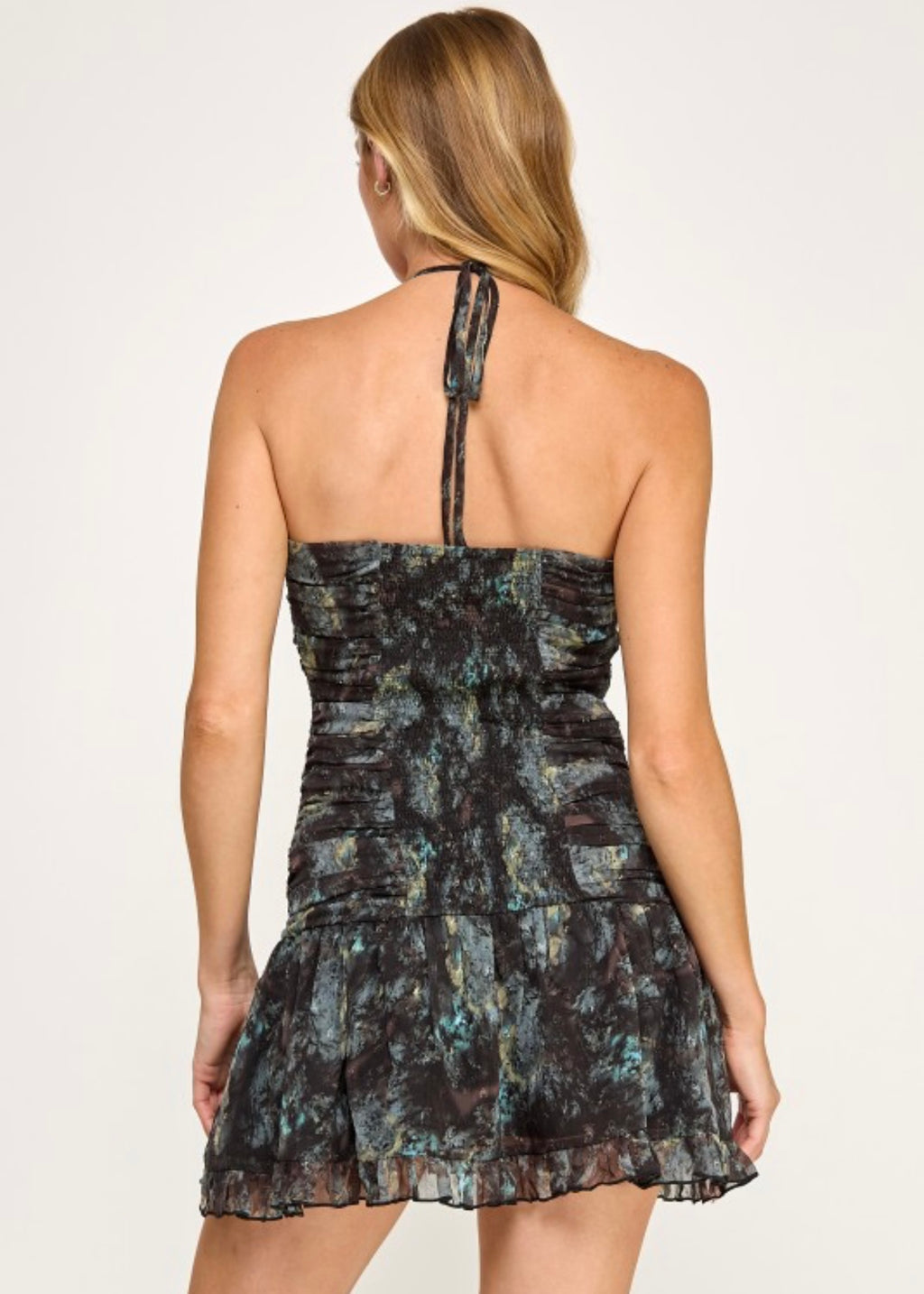 Printed Halter Mini Dress Bust Embelishment