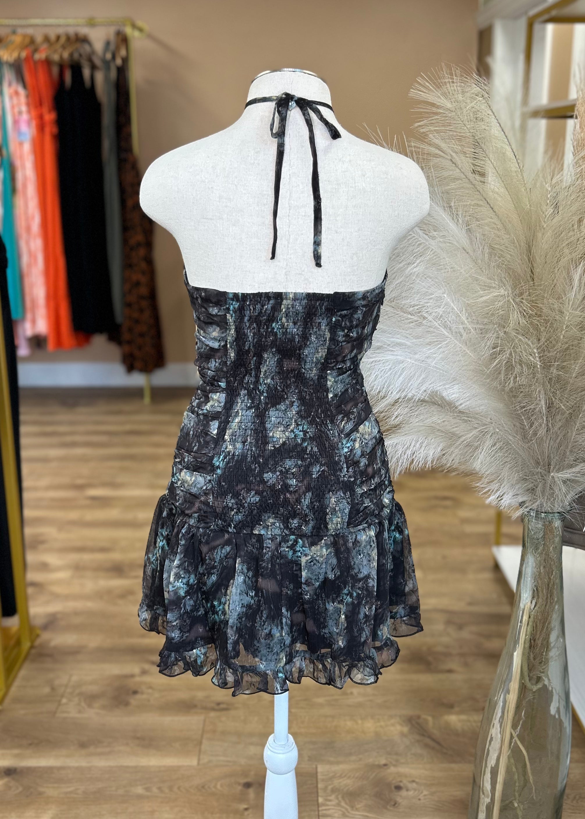 Printed Halter Mini Dress Bust Embelishment