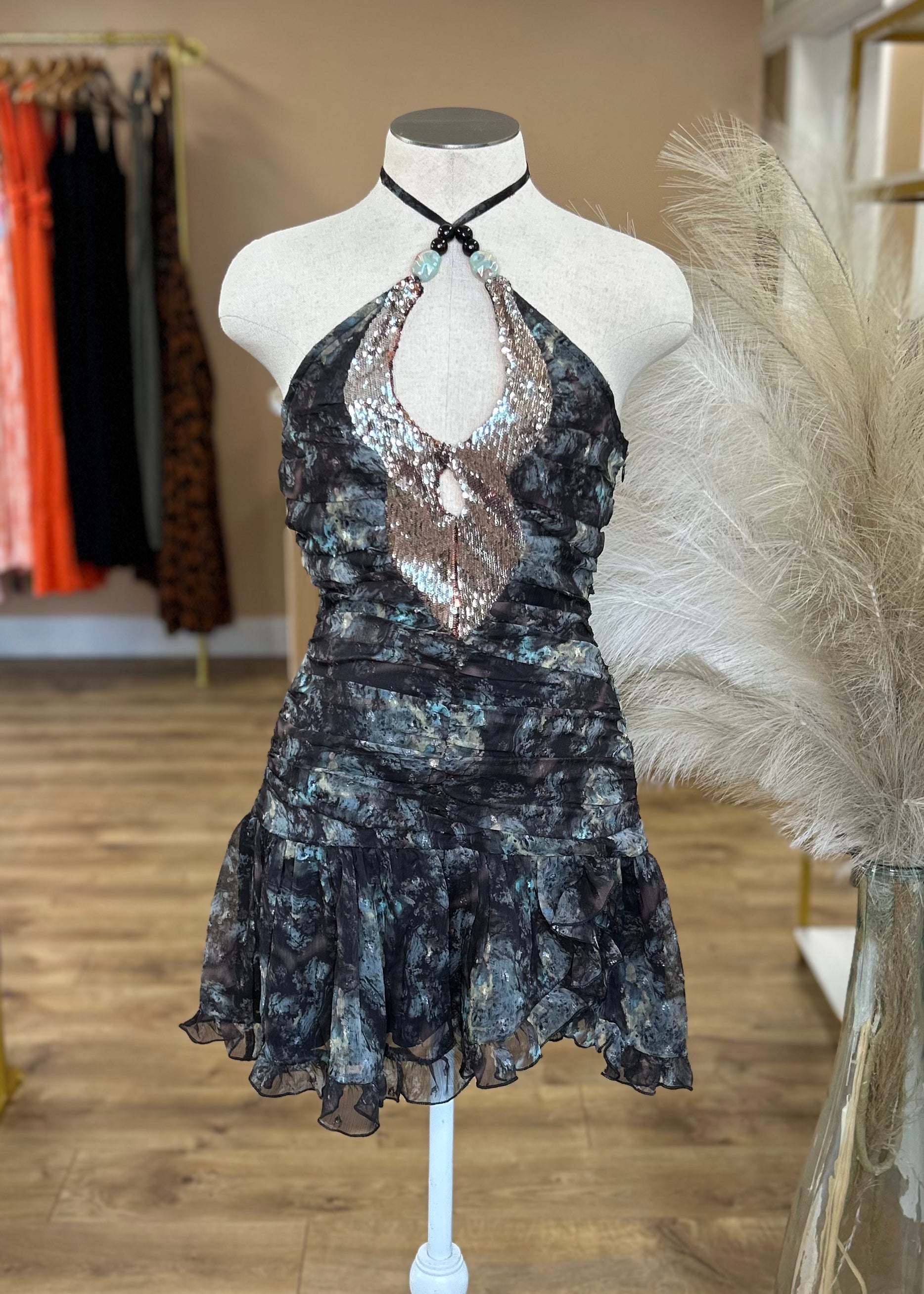 Printed Halter Mini Dress Bust Embelishment
