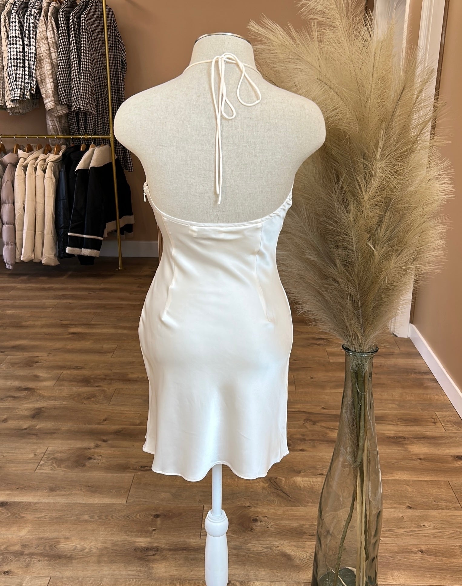 SATIN LACE HALTER MINI DRESS