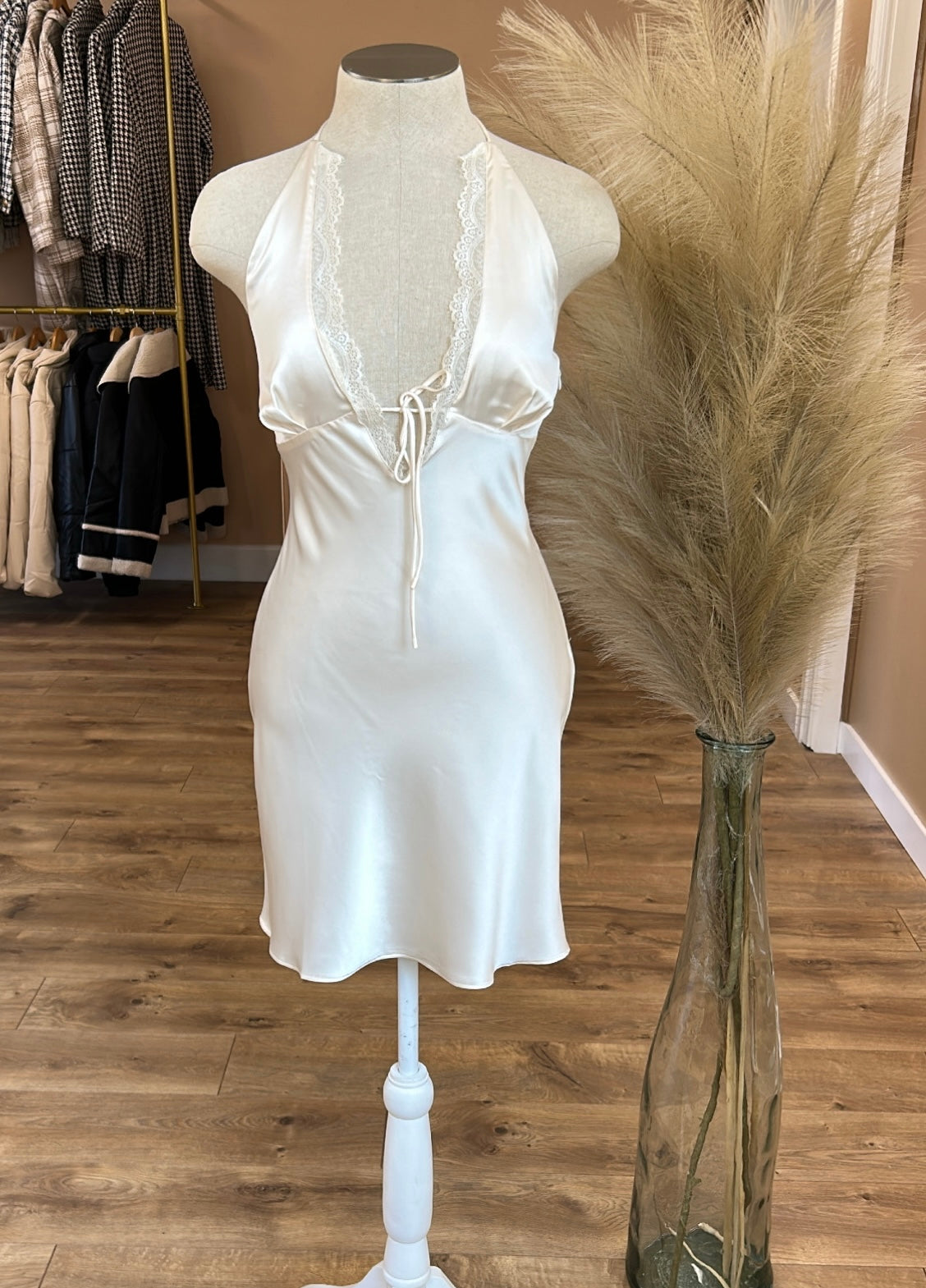 SATIN LACE HALTER MINI DRESS